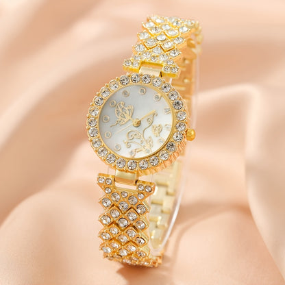 6-piece women's golden-toned quartz watch & jewelry set with rhinestone detailing, includes wristwatch, necklace, bracelet, ring, and earrings, ideal gift set with vintage style.