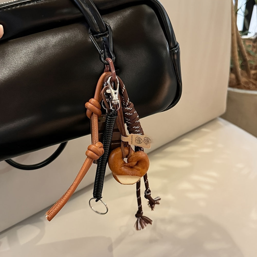 Rock-inspired Sports Faux Leather Keychain featuring Chocolate, Pretzel, and Donuts Charms, Yarn Rope, and Tassel - Unique Trendy Accessory for Bags and Backpacks