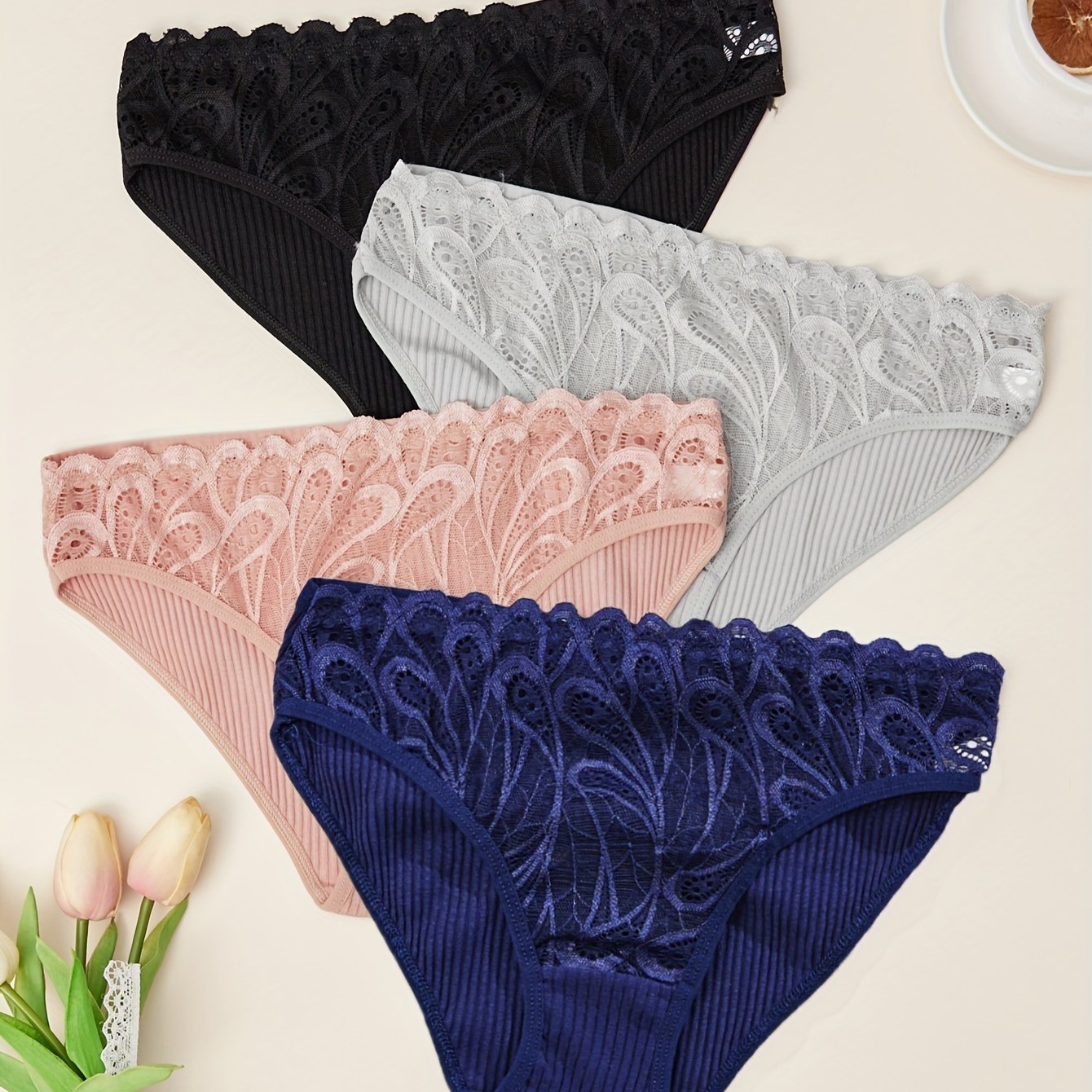 Four paisley lace briefs, sexy and comfortable stretchy intimates for women.