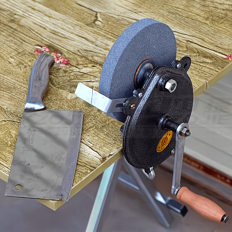 Manual hand crank sharpener with dual fine and coarse grit options for knives and scissors, made of durable metal construction and requires no power.