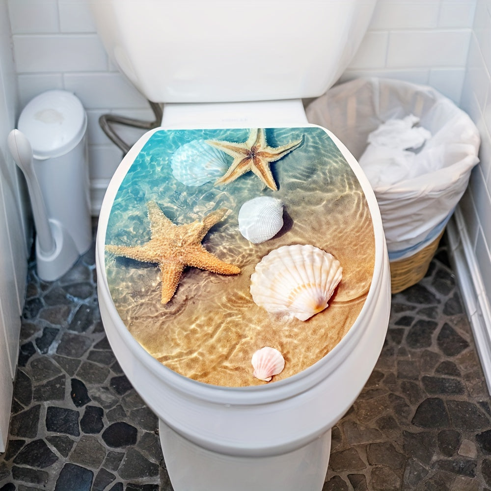 Ocean Beach Seashell Toilet Lid Cover Sticker, 39.88x34.8cm, for Sea Life Bathroom Decor, Self-Adhesive Waterproof Decal