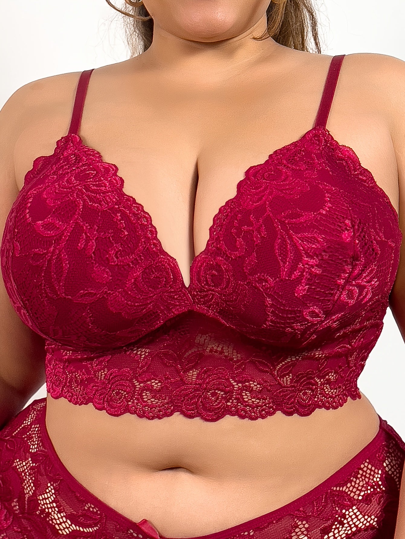 Floral lace deep V-neck longline bra for plus size women