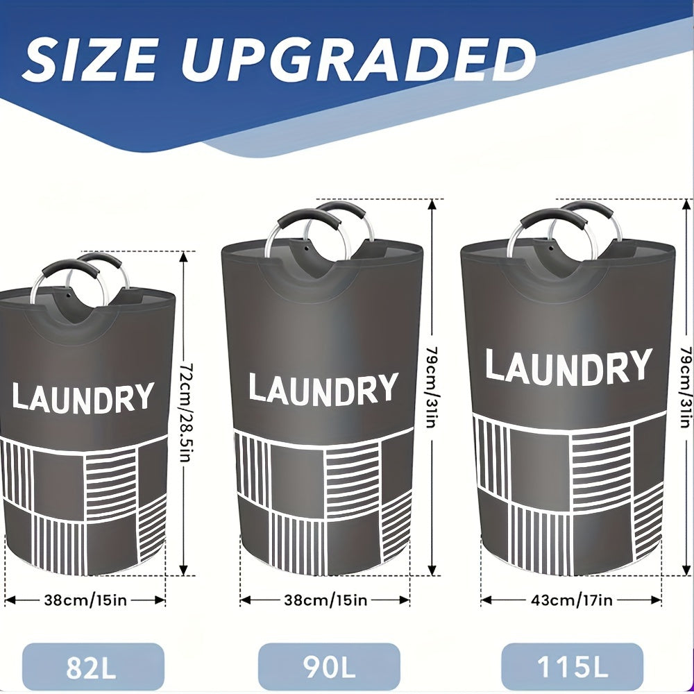 Waterproof laundry hamper with padded handles, stands up well and collapses for easy storage. Perfect for bathroom, laundry room, balcony, dorm, and more. Stay organized with this 82L/115L laundry basket.