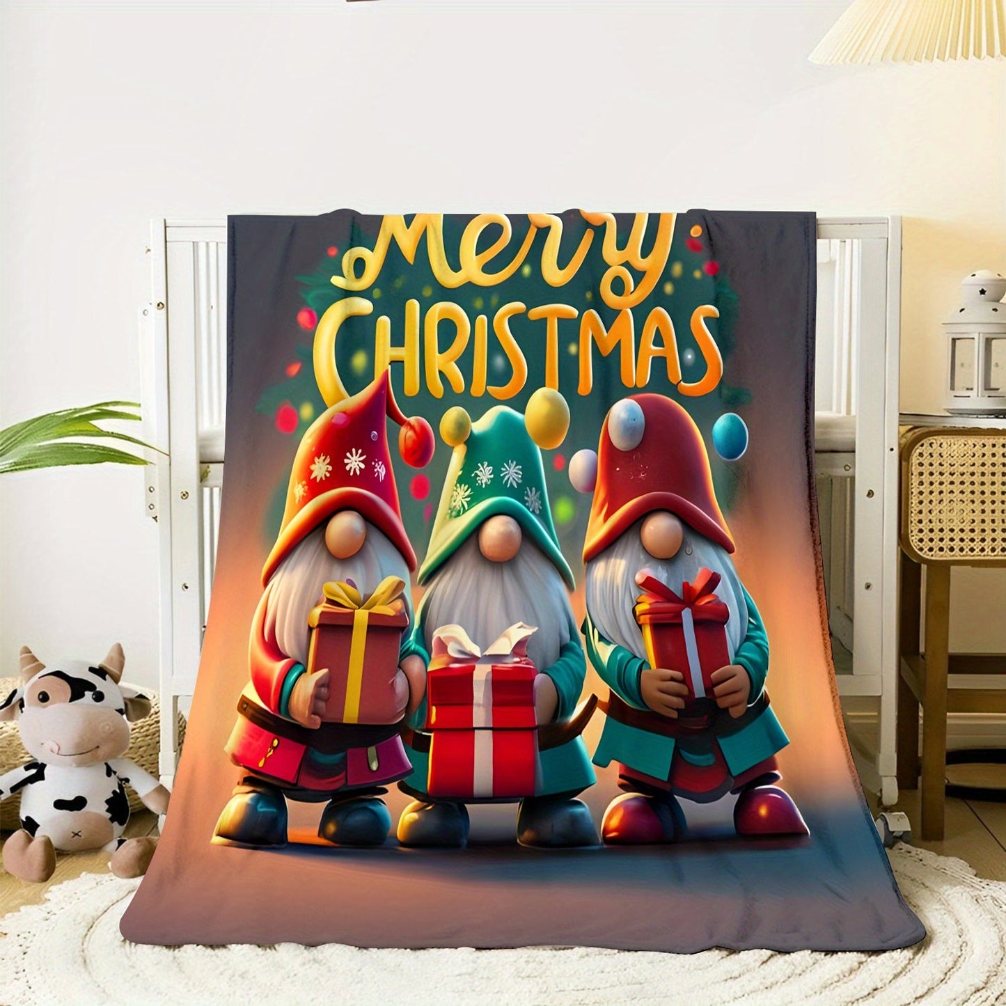 Celebrate the Holidays with a Cozy Printed Flannel Blanket featuring Christmas Gnomes & Gifts - Perfect for Sofa, Office, Bed, Camping, and Travel - Stay Warm and Stylish with Soft Polyester Cover and Light Fabric Weight of 200-250g.