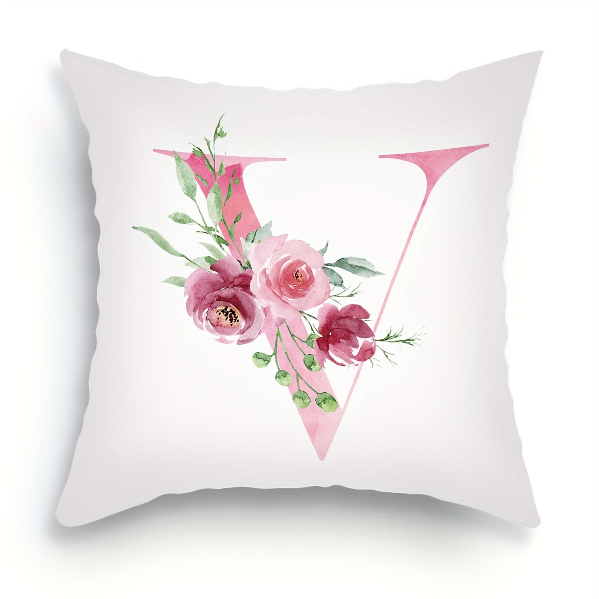 18x18 inch Alphabet Floral Pillow Cover featuring A to Z English Letters in pink print. Ideal for adding a contemporary touch to sofa, living room, or bedroom decor. Single-sided printing, insert not included.