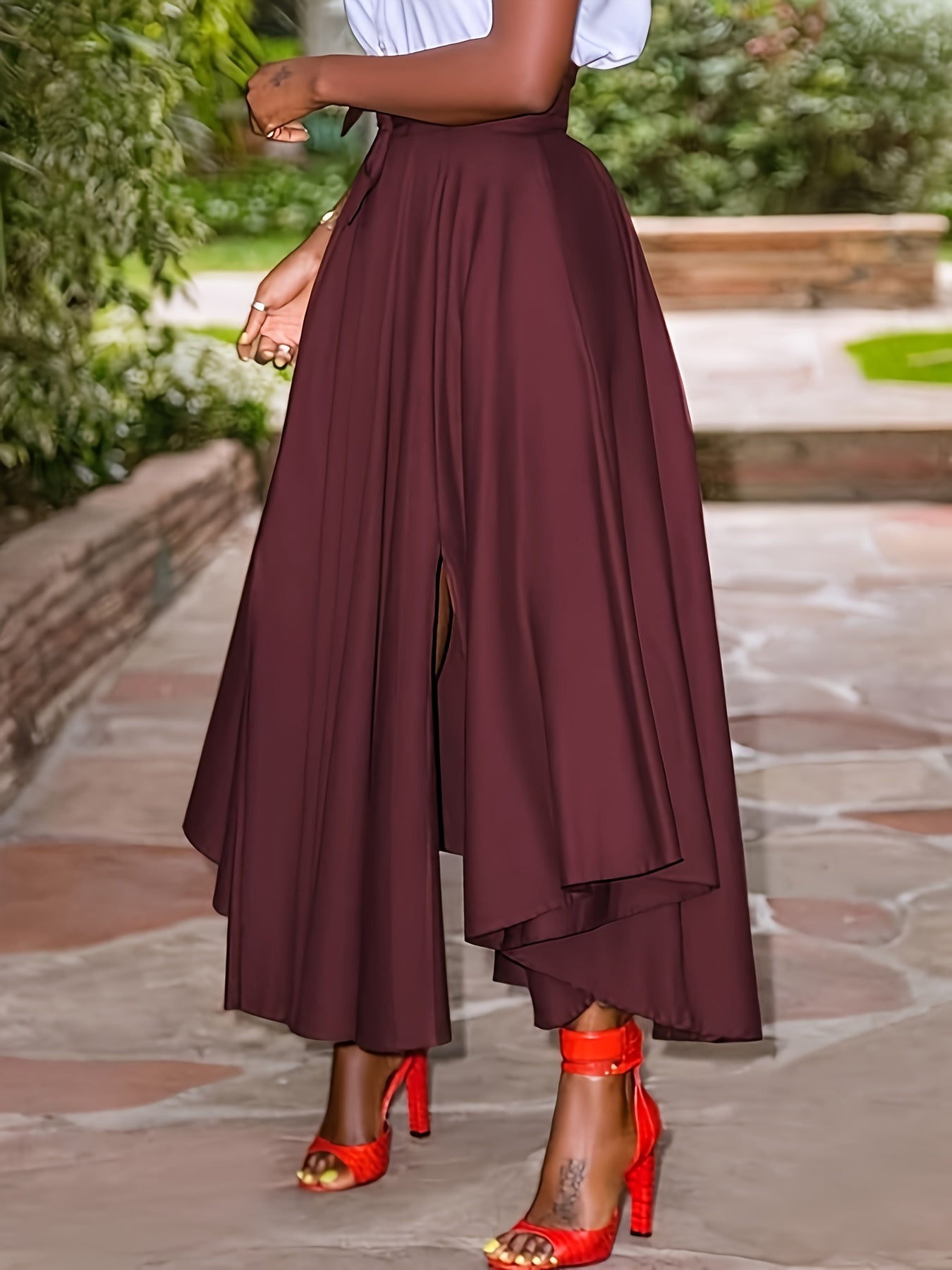 Stylish plus size midi skirt with belt, side slit, high waist, and non-stretch polyester fabric - ideal for spring, summer, and fall. Machine washable.