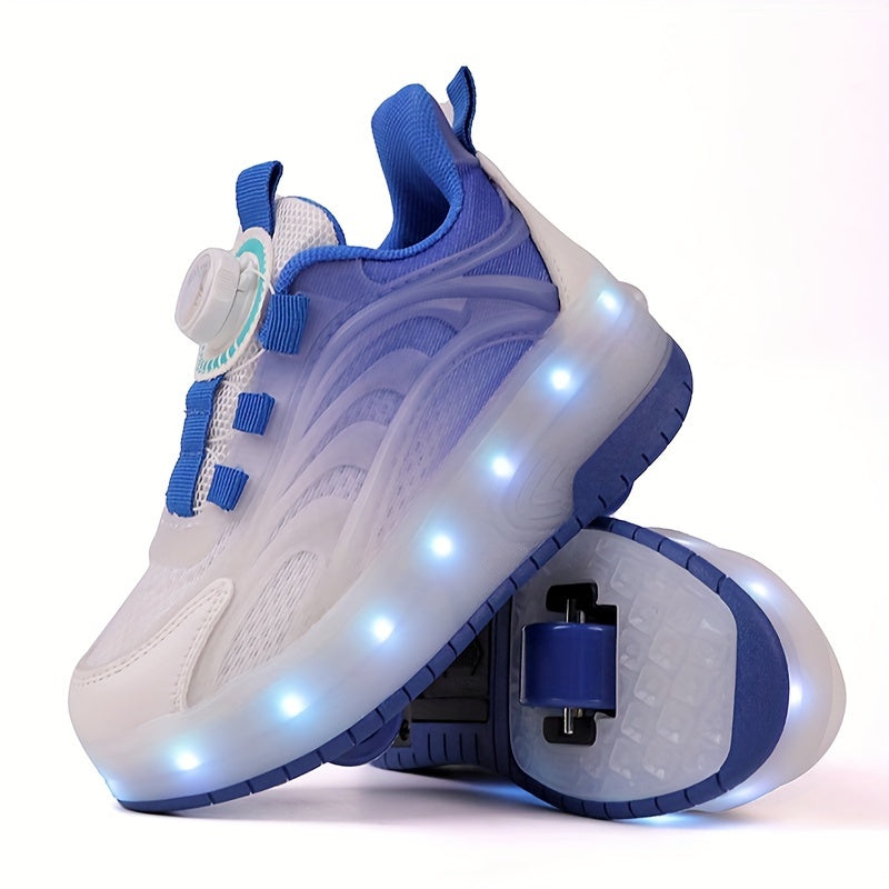 LED roller skates with TPR sole, fabric inner, EVA insole, rotary buckle closure, and lithium polymer battery. Suitable for ages 14+, can be used indoors or outdoors for sports training all