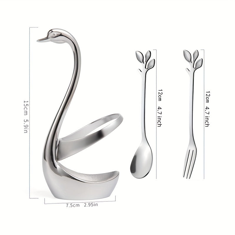 Top Pick! Set of 7 Includes 1 Zinc Alloy Swan Base with 6 Stainless Steel Leaf Coffee Spoon Forks. Mirror Polished Finish, Perfect for Restaurants, Families, and Parties. Durable and Reusable, Heavy-duty Base.