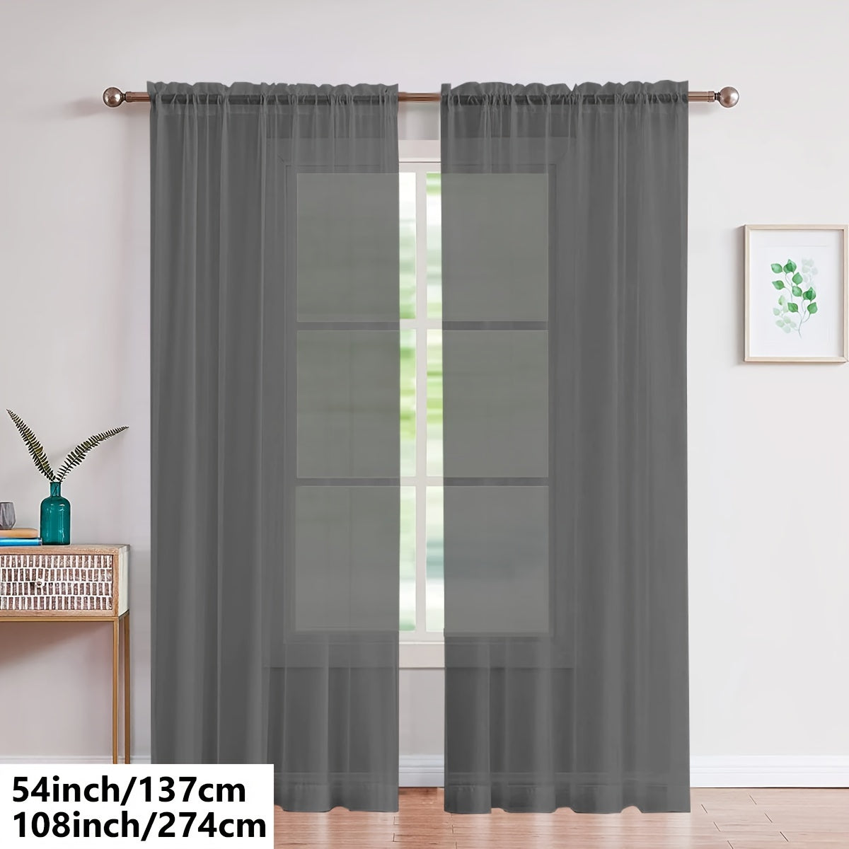 Two pieces of lightweight transparent white gauze curtains, designed for living room and bedroom decoration, with pole-wearing feature.