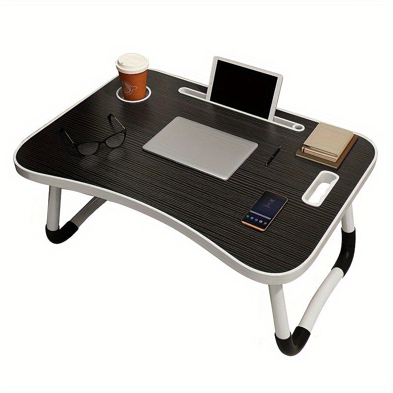 Wood fiber lap desk with folding legs, phone slot, cup holder, and handle - versatile table for students, office, or leisure.