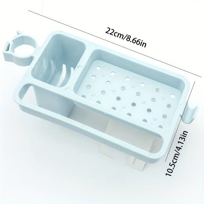 This plastic soap holder caddy with a drain is perfect for keeping your sink organized. It has open storage for sponges, cloths, and brushes, and requires no electricity. This kitchen and bathroom accessory is a must-have!