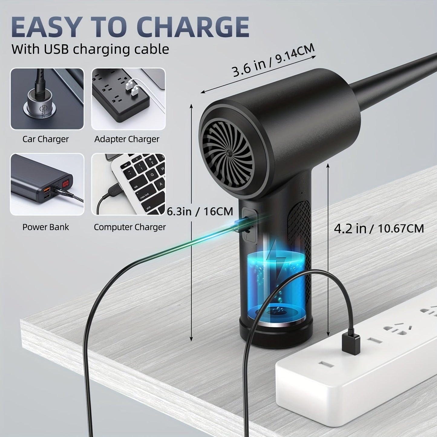 Black Portable 3-Speed Electric Air Duster with LED Light - Cordless, Rechargeable 4000mAh Battery, Perfect for Keyboards & Electronics, Rapid Charging