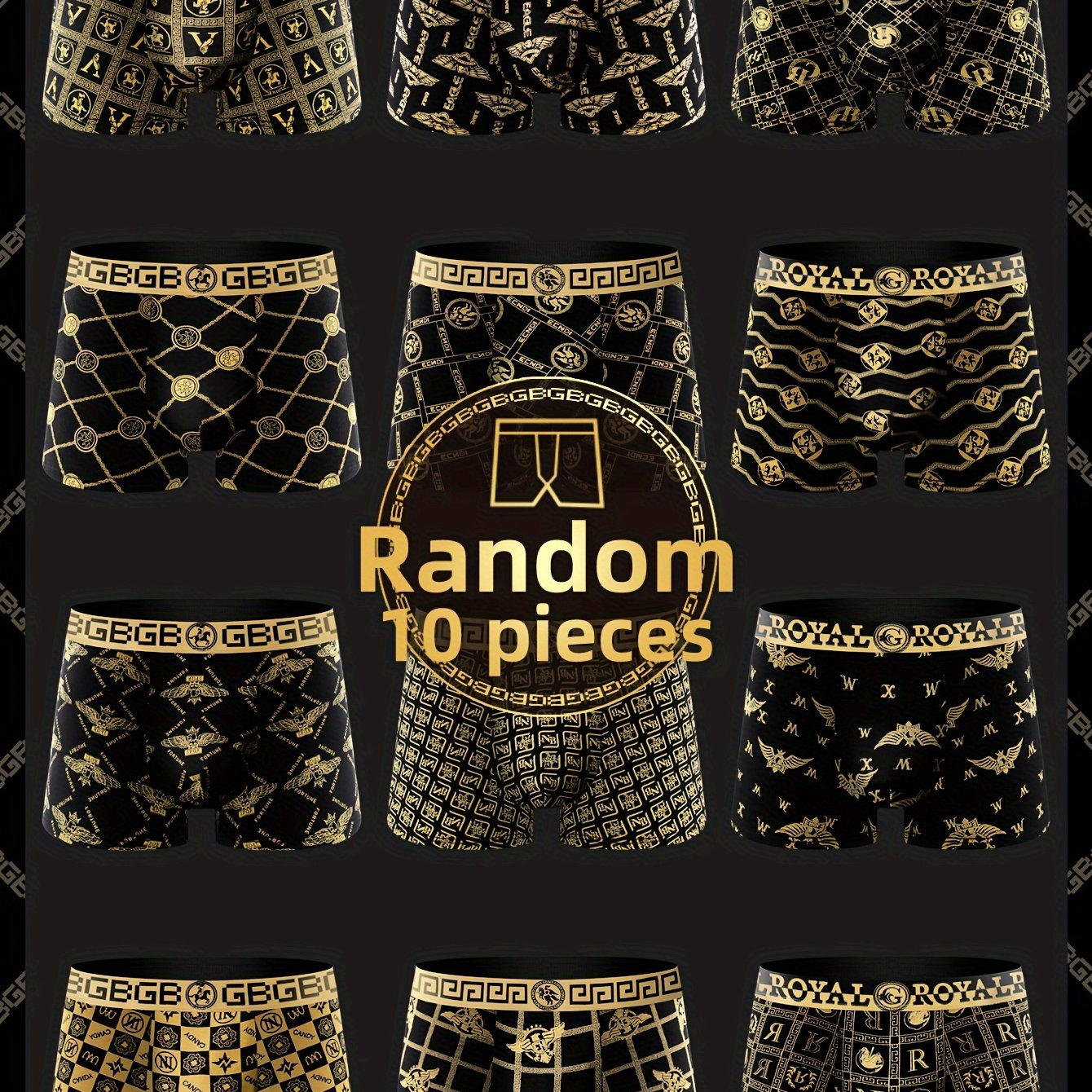 10pcs Men's Random Black Golden Series Luxury Boxer Briefs, Loose Mid Waist Breathable