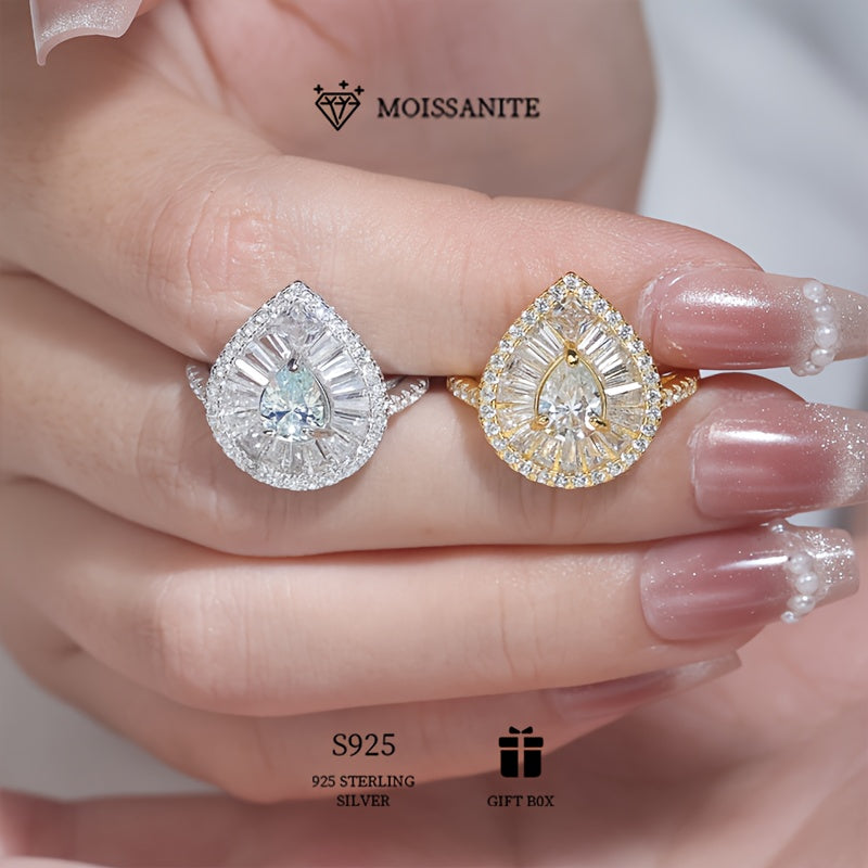 Elegant Water Drop Shaped 1ct Moissanite Ring in 925 Sterling Silver, Hypoallergenic and Ideal for Valentine's Day Wedding or Engagement. Comes with Moissanite Certificate and a Beautiful Gift Box for Women.