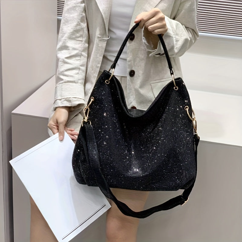 Chic Women's tote with rhinestones, leopard print, and detachable strap - ideal for daily commute and weekend getaways.