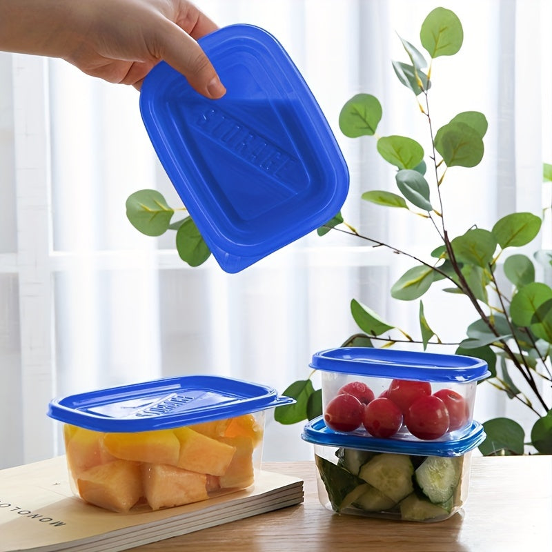 10pc set of reusable clear plastic storage containers with blue lids, perfect for storing fresh produce and snacks in the kitchen, office, school, picnics, and beach.