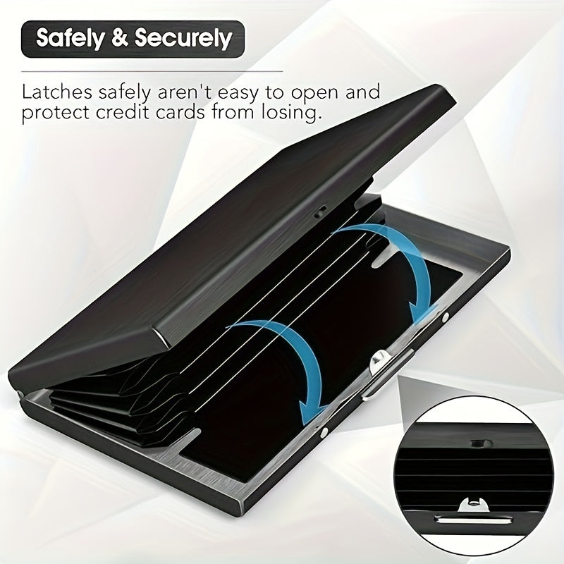 RRYJH Slim RFID blocking stainless steel credit card holder in professional black color, ideal for men and women. Features a 6-slot metal wallet design for holding business cards, ATM