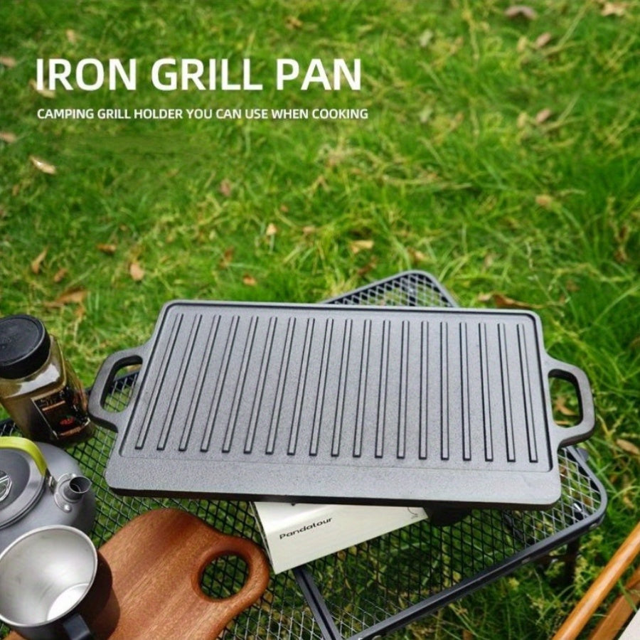 Large rectangular non-stick cast iron cookware with handles, featuring a reversible pre-seasoned grill and griddle combo, perfect for cooking and baking.