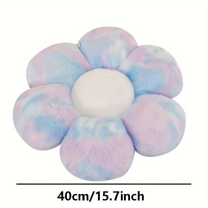 Flower-shaped plush pillow in pastel tie-dye, hypoallergenic, ideal for home decor and gifts. Dry clean only.