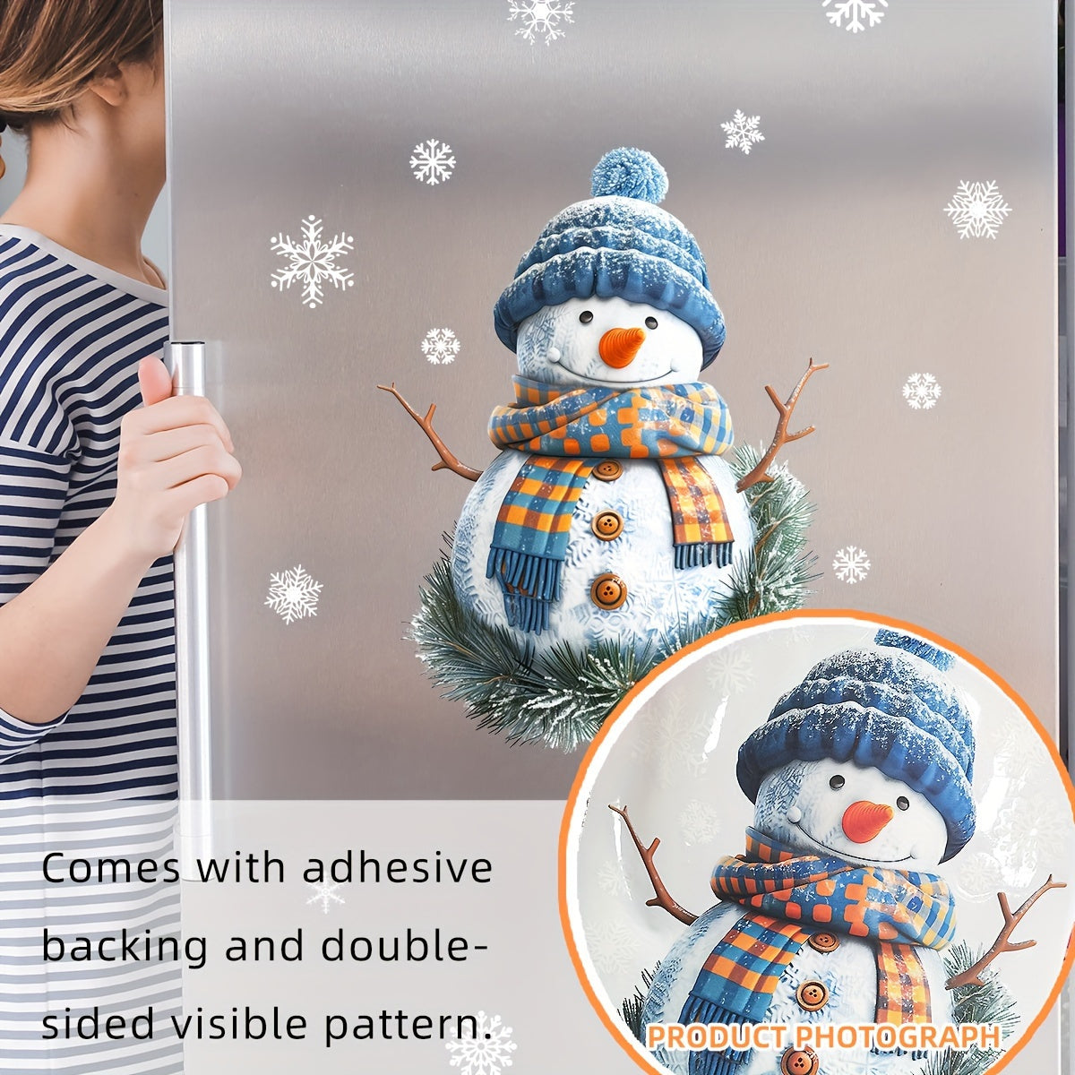 Winter holiday decoration - Double-sided Christmas Snowman window cling with blue hat and scarf, made of removable PVC static decal for festive home and mall glass decor.