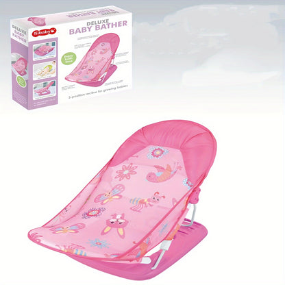 New Year's gift for newborns: Foldable bath bed frame with spine support, net pocket, and non-slip design for safe bathing.