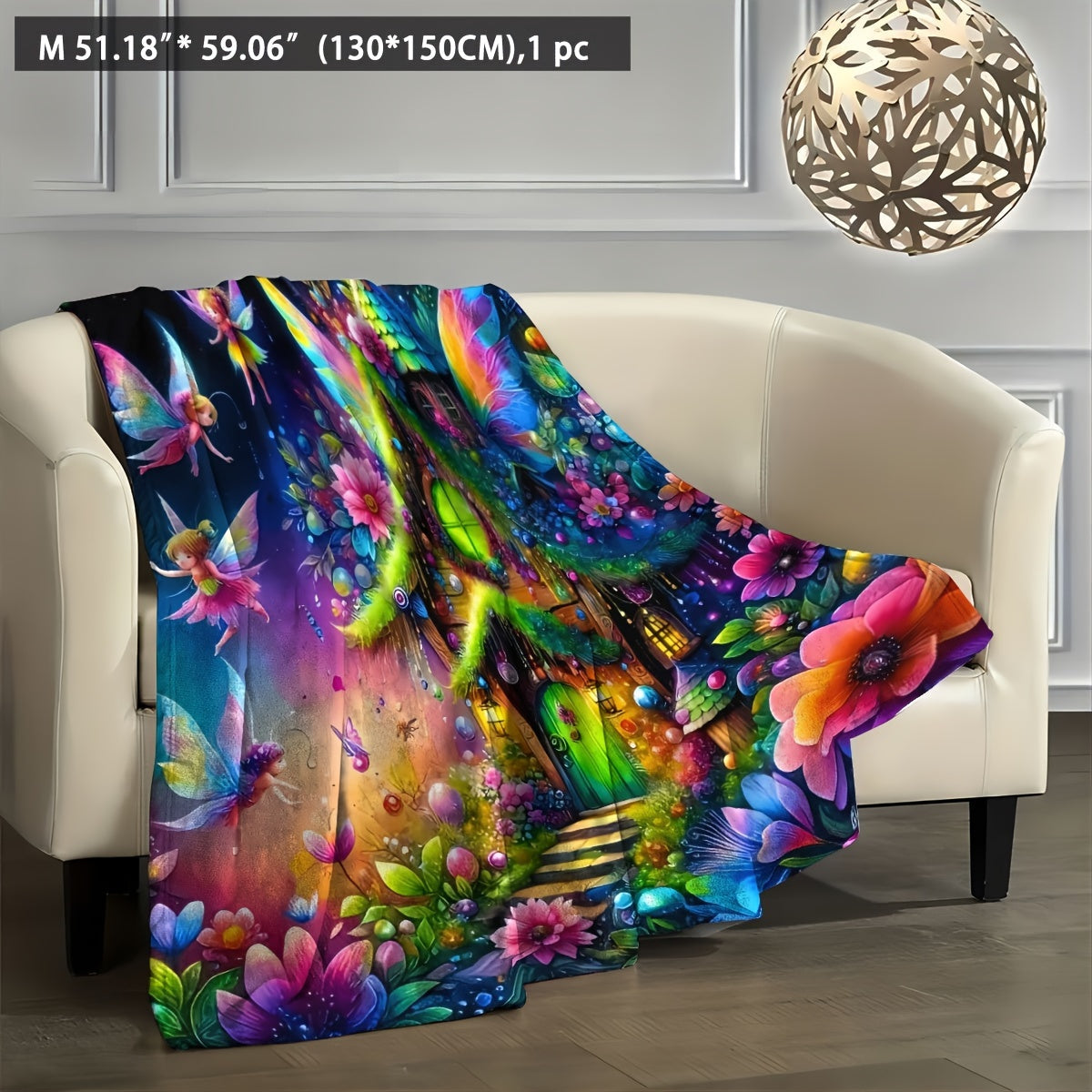 Contemporary Geometric Fantasy Fairy House Digital Print Blanket - Suitable for All Seasons, Made of 100% Polyester, Lightweight 200-250g, 65" x 65" (165cm x 165cm)