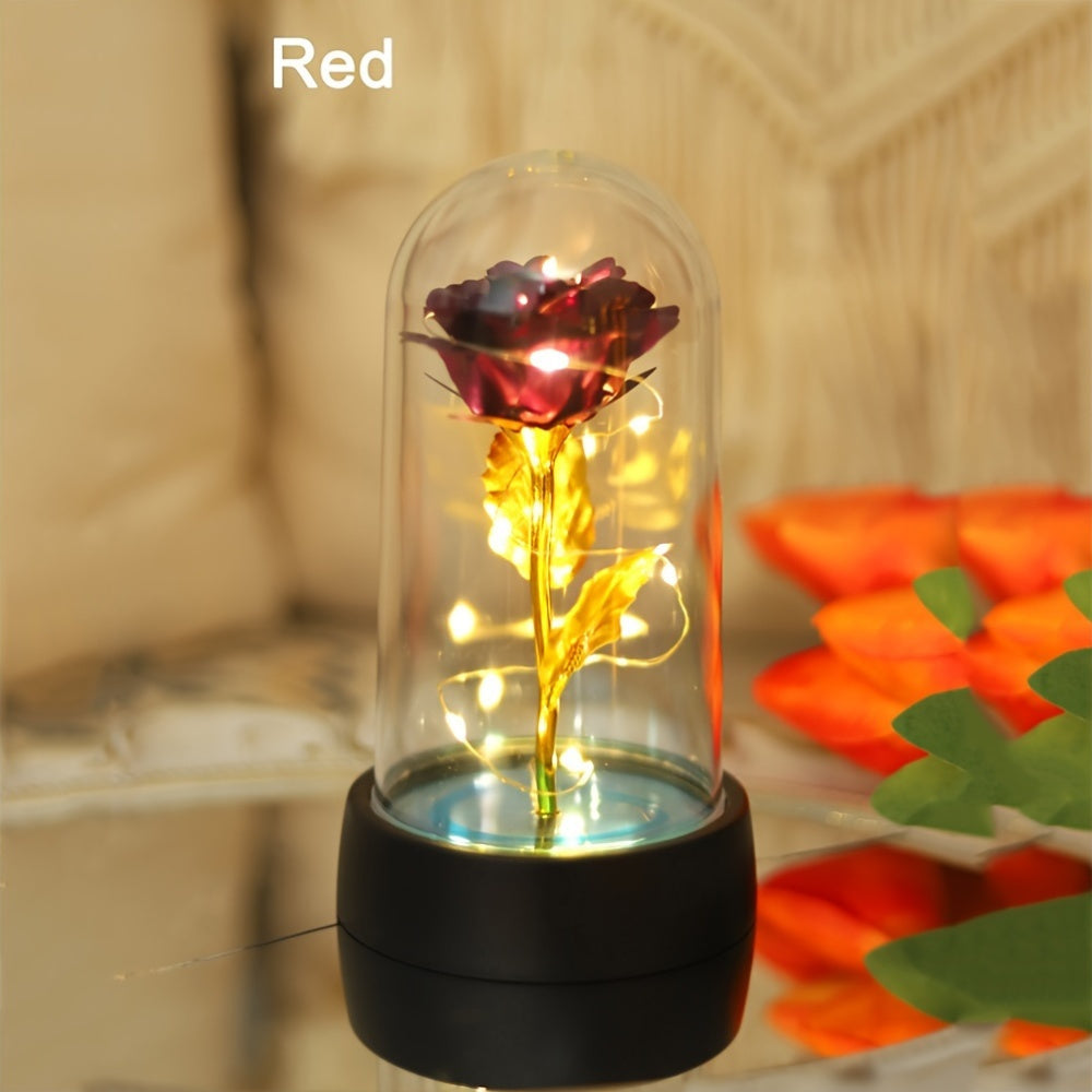 LED flower night light with gold foil rose design, tabletop lamp with switch control, battery-powered for bedroom decor. Includes 1 non-rechargeable button battery.