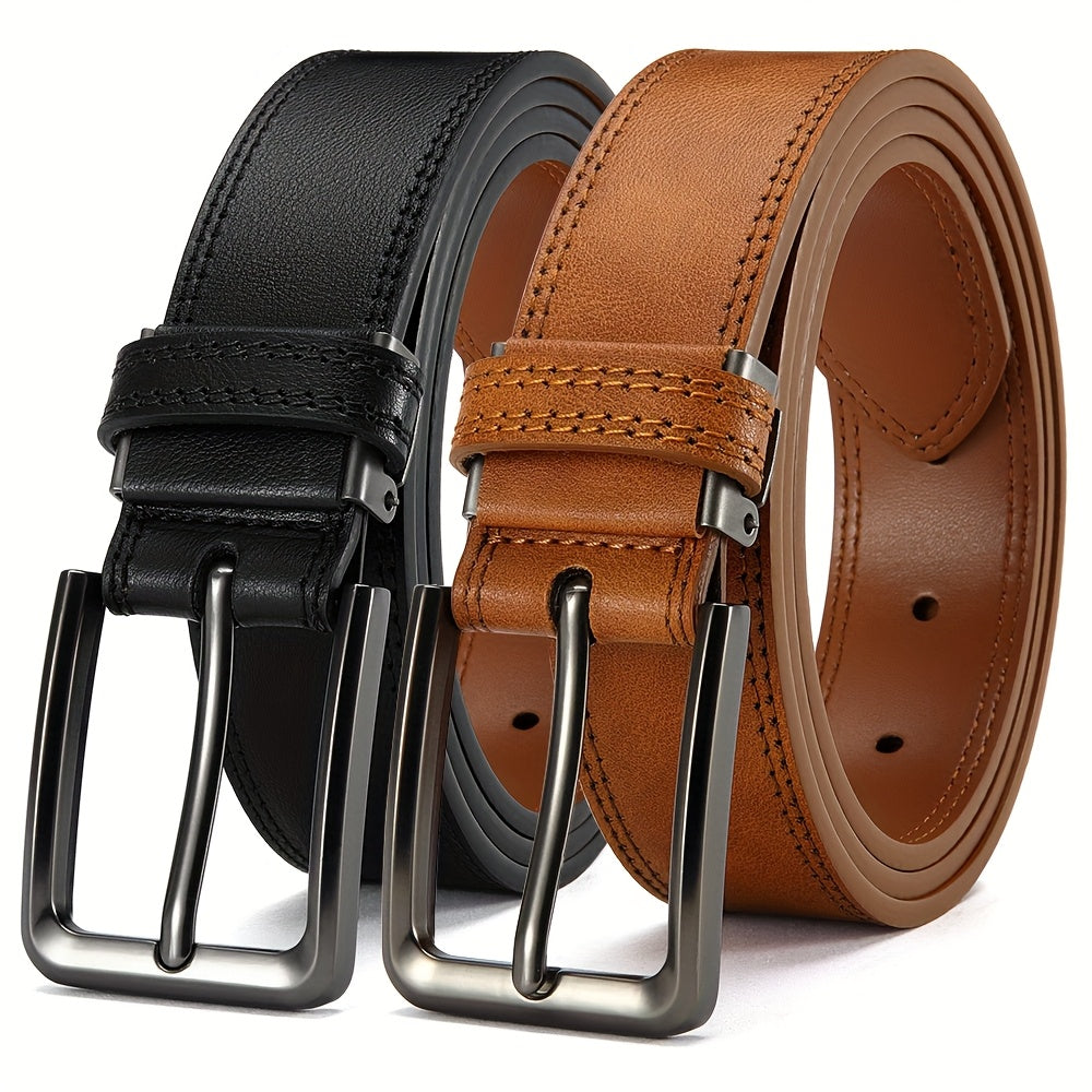 2 DOOPAI Men's Genuine Leather Belts - Adjustable 3.17cm Width, Classic Square Buckle, Ideal for Jeans & Dress Pants, Includes Gift Box - Black & Brown