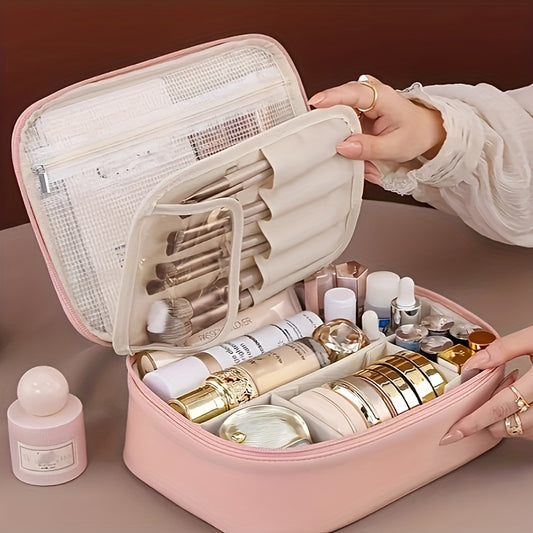 Large capacity detachable cosmetic bag with multiple layers and brush storage, suitable for both men and women.