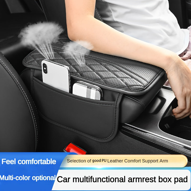 Luxurious PU Leather Car Armrest Cushion with Ventilation Holes, Side Pockets, and Ergonomic Design for Comfort and Organization.