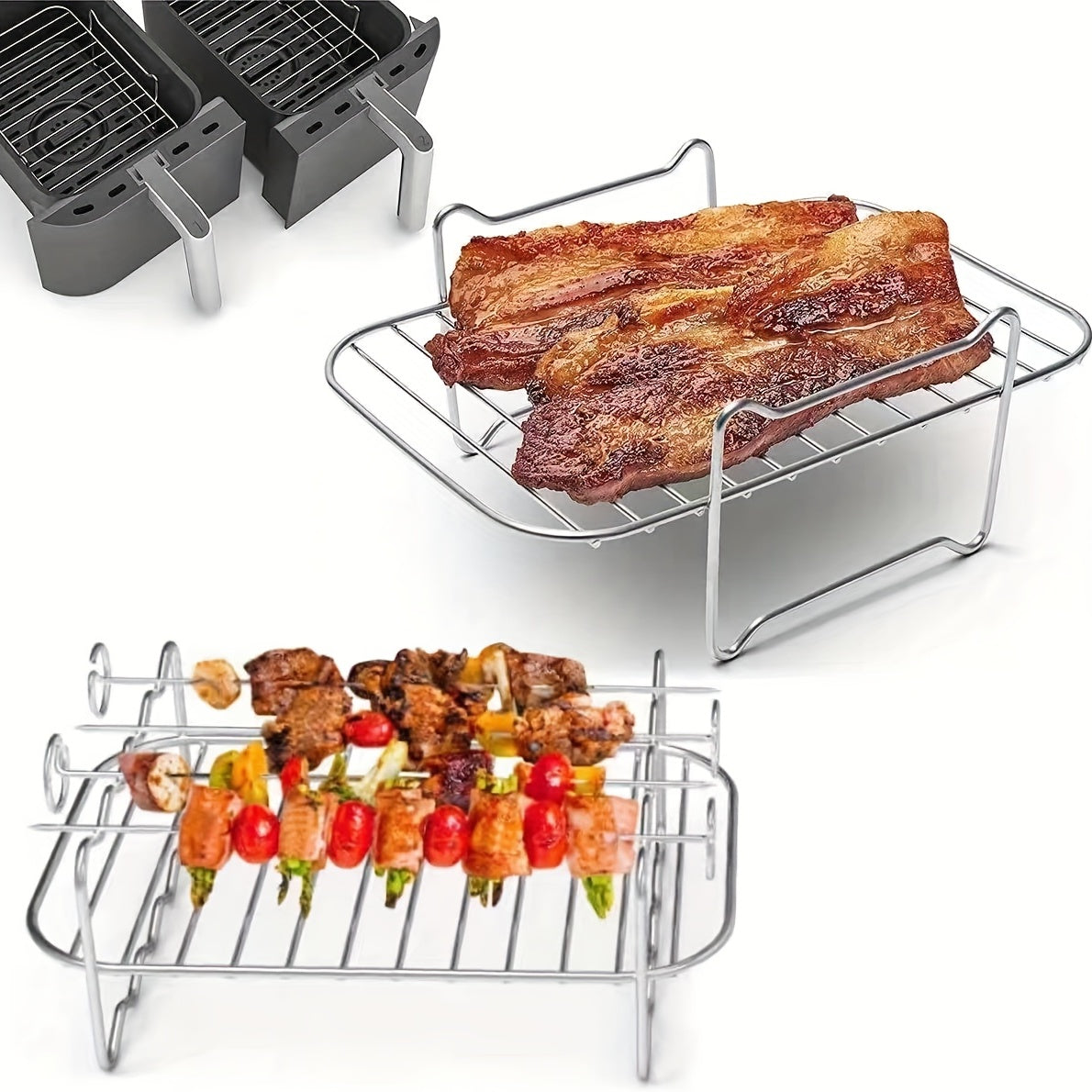 Double Layer Stainless Steel Air Fryer Rack with 4 Skewers - Versatile Accessory for Ninja Air Fryer - Dishwasher Safe, Easy to Clean - Perfect for Holidays like Christmas, Halloween, Easter, Thanksgiving, and Mother's Day