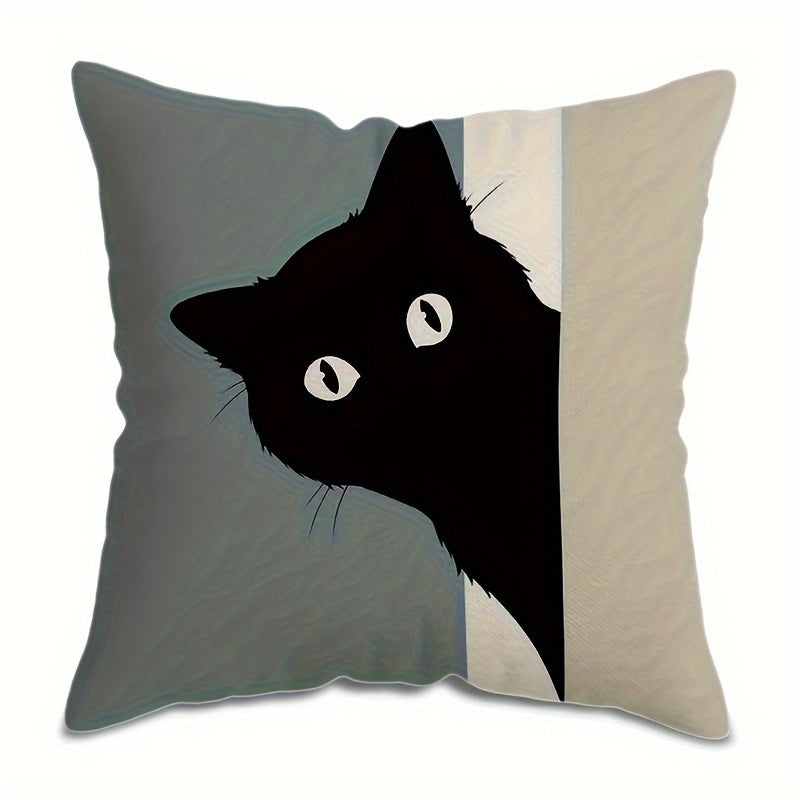 Contemporary Black Cat Design Double-Sided Throw Pillow Cover, 44.96x44.96cm, Abstract Modern Farmhouse Decorative Cushion Case with Zipper Closure for Couch, Patio, Living Room. Machine Washable - Made of 100% Polyester, Insert Not Included.