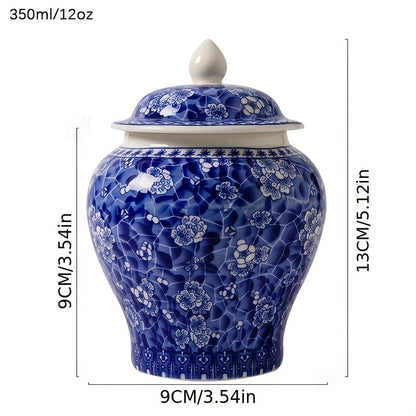 Blue and White Porcelain Tea Leaf Jar with Lid, 350ml/12oz, for storing black tea and pu'er tea.