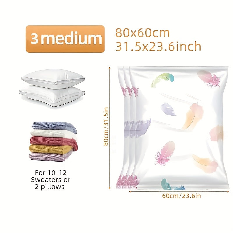 Vacuum Storage Bag Set with Feather Print - 3 Pieces, Travel-Friendly Clothes Bag for Blankets, Bedding, Quilts, Duvets, Great for Home Organization and Saving Space