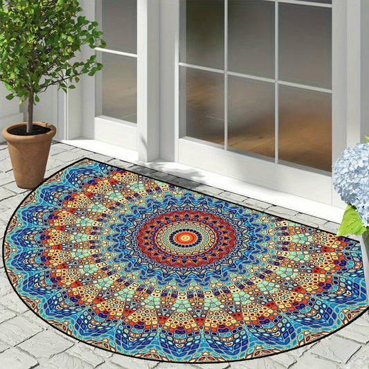 Mandala Flower Half Round Doormat - Non-slip, Machine Washable Polyester - Indoor/Outdoor Bedroom Hallway Patio Entryway Carpet - Photo Prop Gift Available in Various Sizes: 15x23, 19x31, 23x35, 31x47 inches.