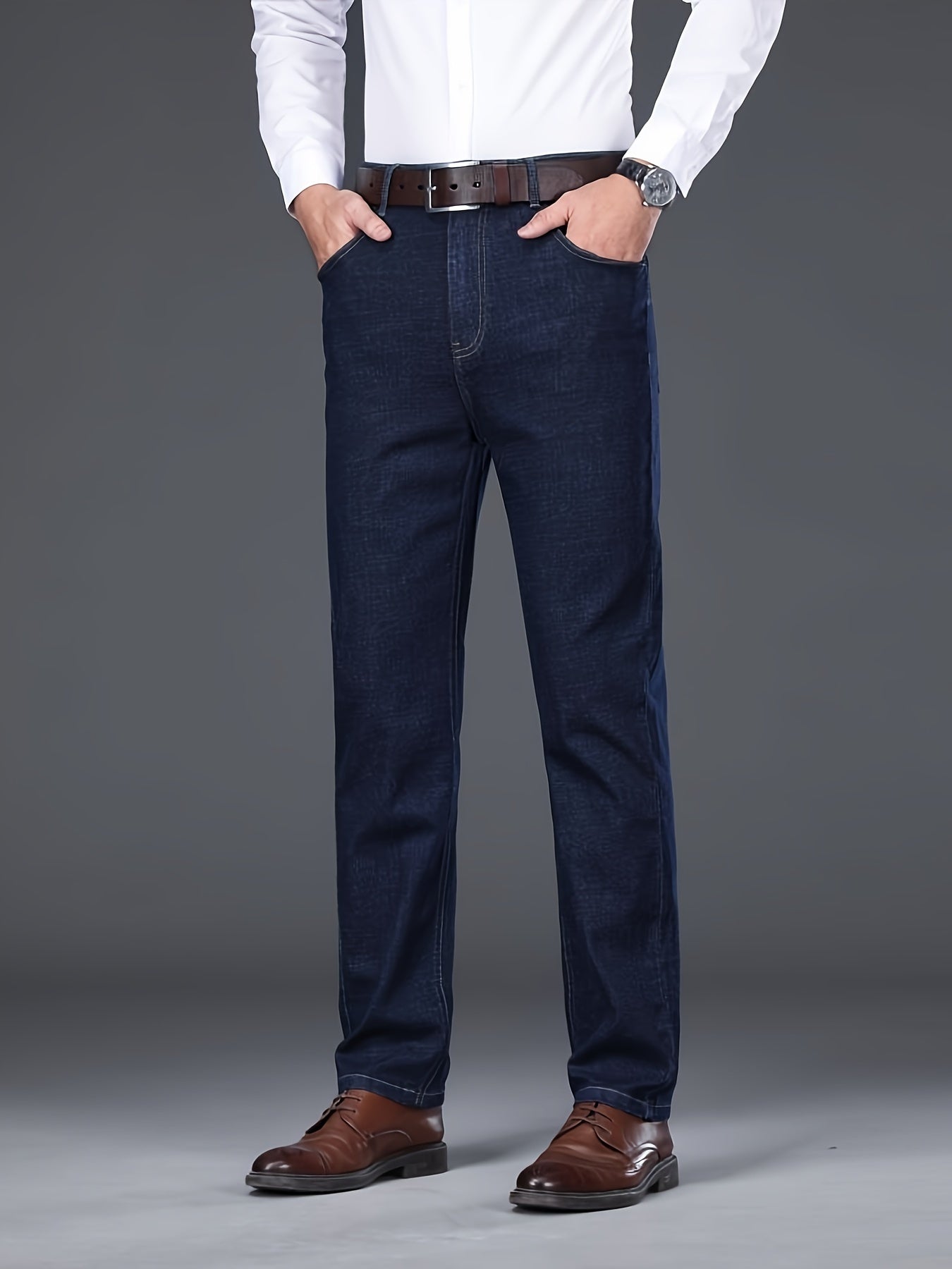 Men's classic business casual jeans in cotton blend, regular fit for all-season wear.