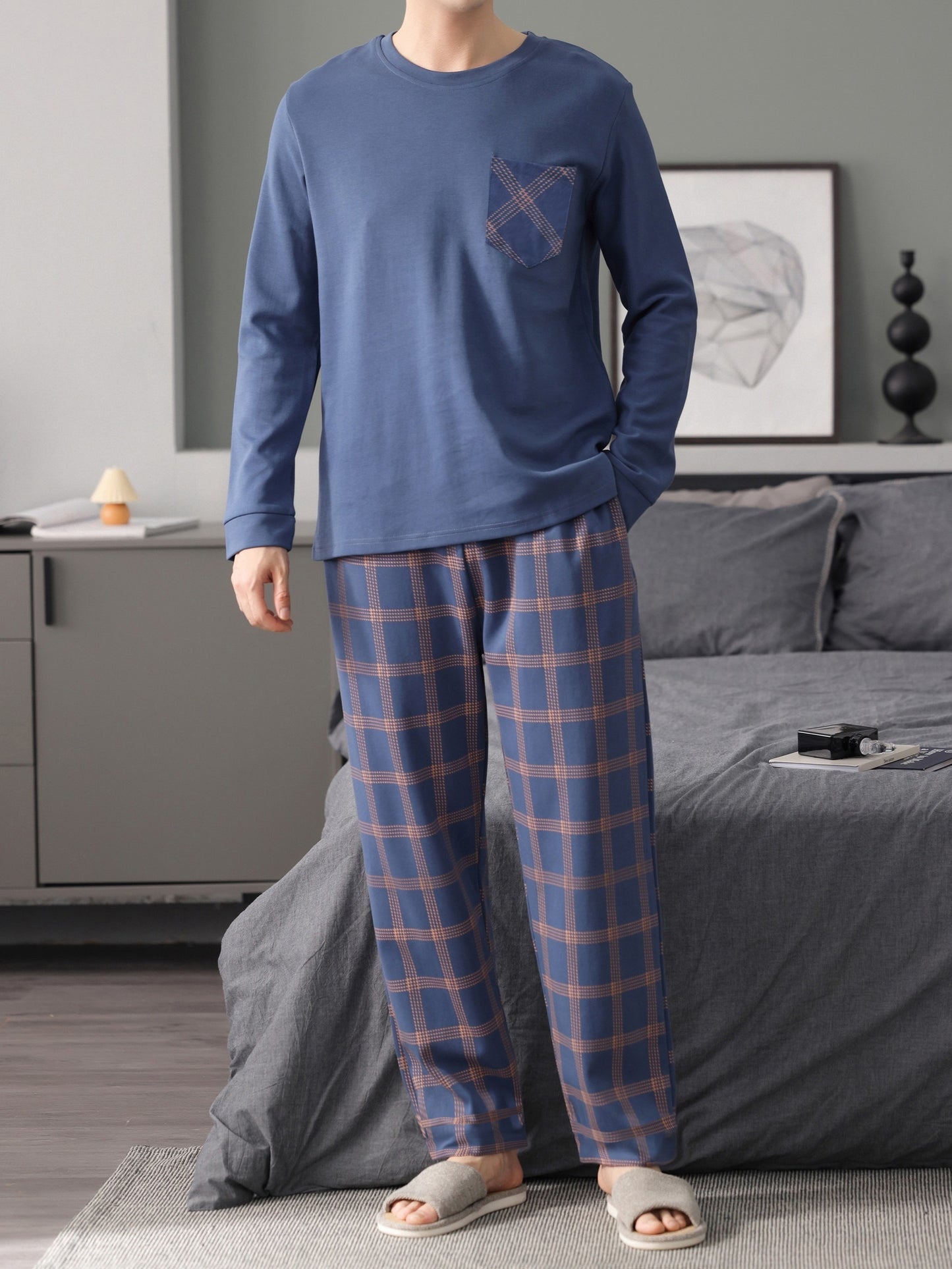 Checkered pajama set with long sleeves, crew neck T-shirt, shorts, and loungewear sleepwear for men.