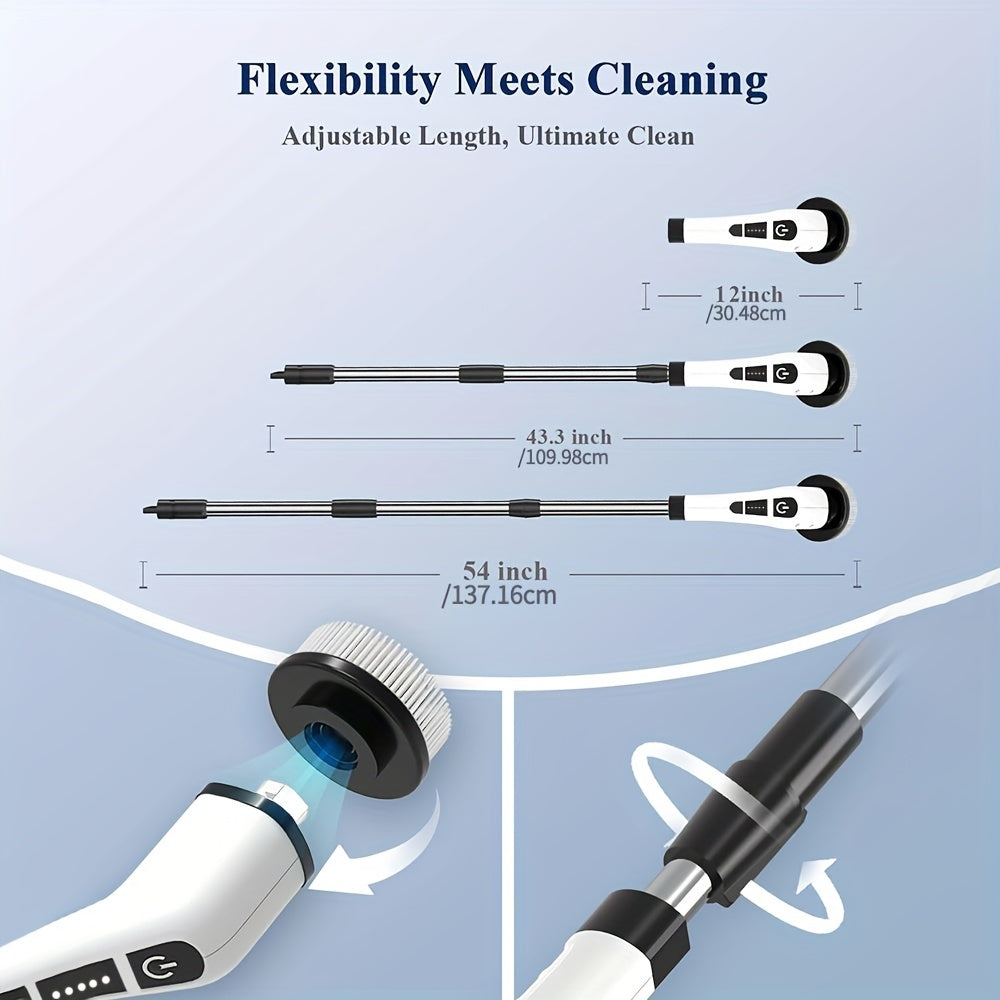 One set of cleaning tools includes an electric rotary floor scrubber and a wireless electric rotary scrubber with replaceable 7 brush heads. The adjustable extension handle allows for easy reach and the 360 cordless design makes cleaning bathrooms