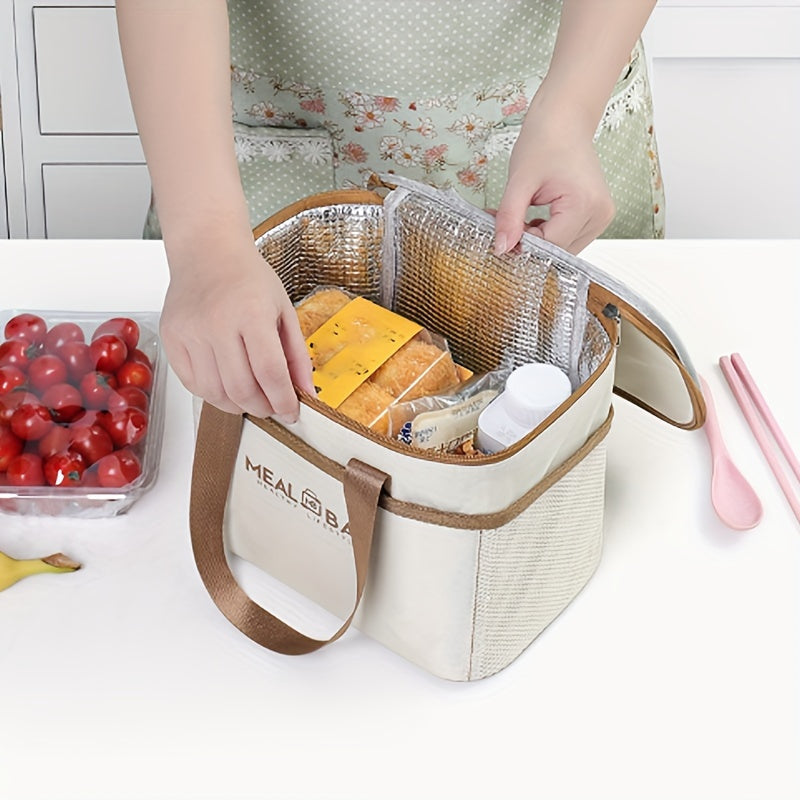 Set of insulated lunch bags with handle, made of hand washable light beige polyester material, featuring a thick aluminum foil lining for insulation. These waterproof thermal food container totes come in three different sizes, perfect for work or school.