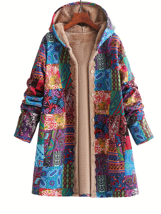 Fleece-lined hooded coat with colorful paisley & floral print, button front, long sleeve for women, machine washable.