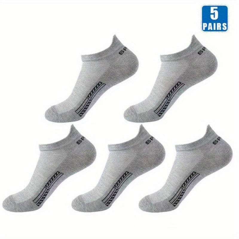 5 pairs of men's sports ankle socks with anti-odor mesh, sweat-absorbing and breathable for summer.