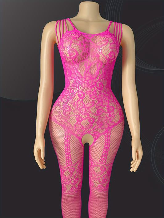 Women's Sexy High Stretch Hollow Bodysuit with Floral Lace Pattern and Sheer Mesh, made of Breathable Polyamide Knit Fabric with Full-Length Open Crotch Design.