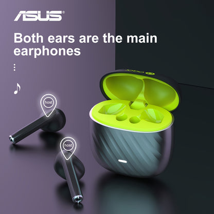 Asus wireless earbuds with microphone, long battery life and charging case for gaming and music.