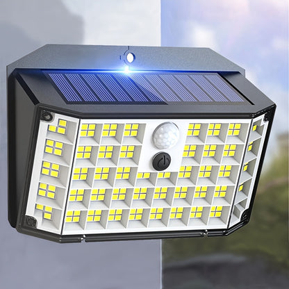 "Solar motion sensor light with 176 LEDs for outdoor use. Has 3 lighting modes for yard, path, and garage.