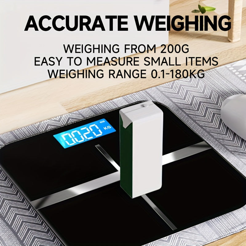 Modern black bathroom scale with 183.7 KG capacity, LCD display, sleek design for home use.