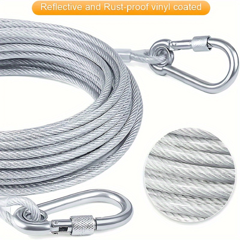 Durable dog tie-out cable, 113.4 KG capacity, stainless steel with swivel snap hooks, perfect for outdoor activities.