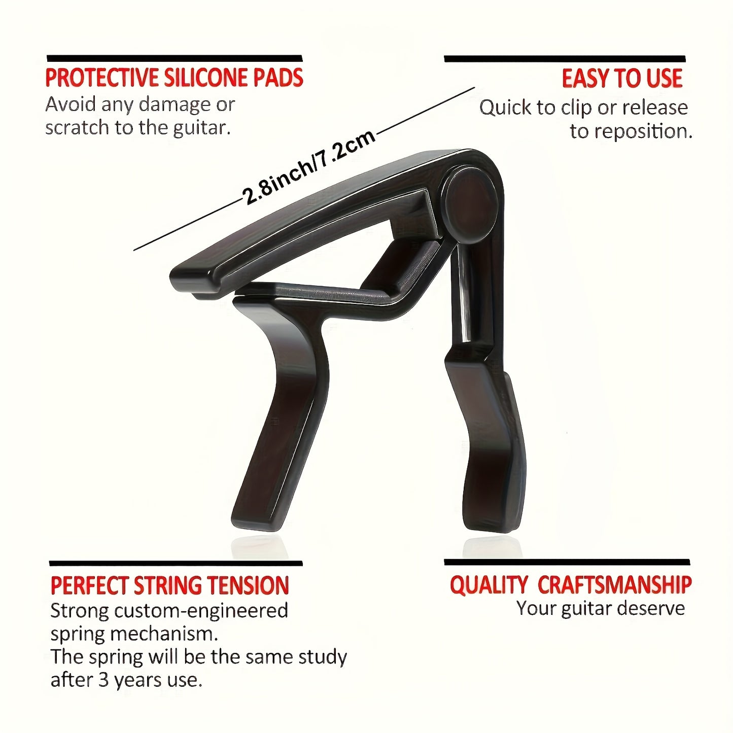 Guitar capo with 5 picks and quick change clamp for acoustic and electric guitars. Includes bonus guitar picks.