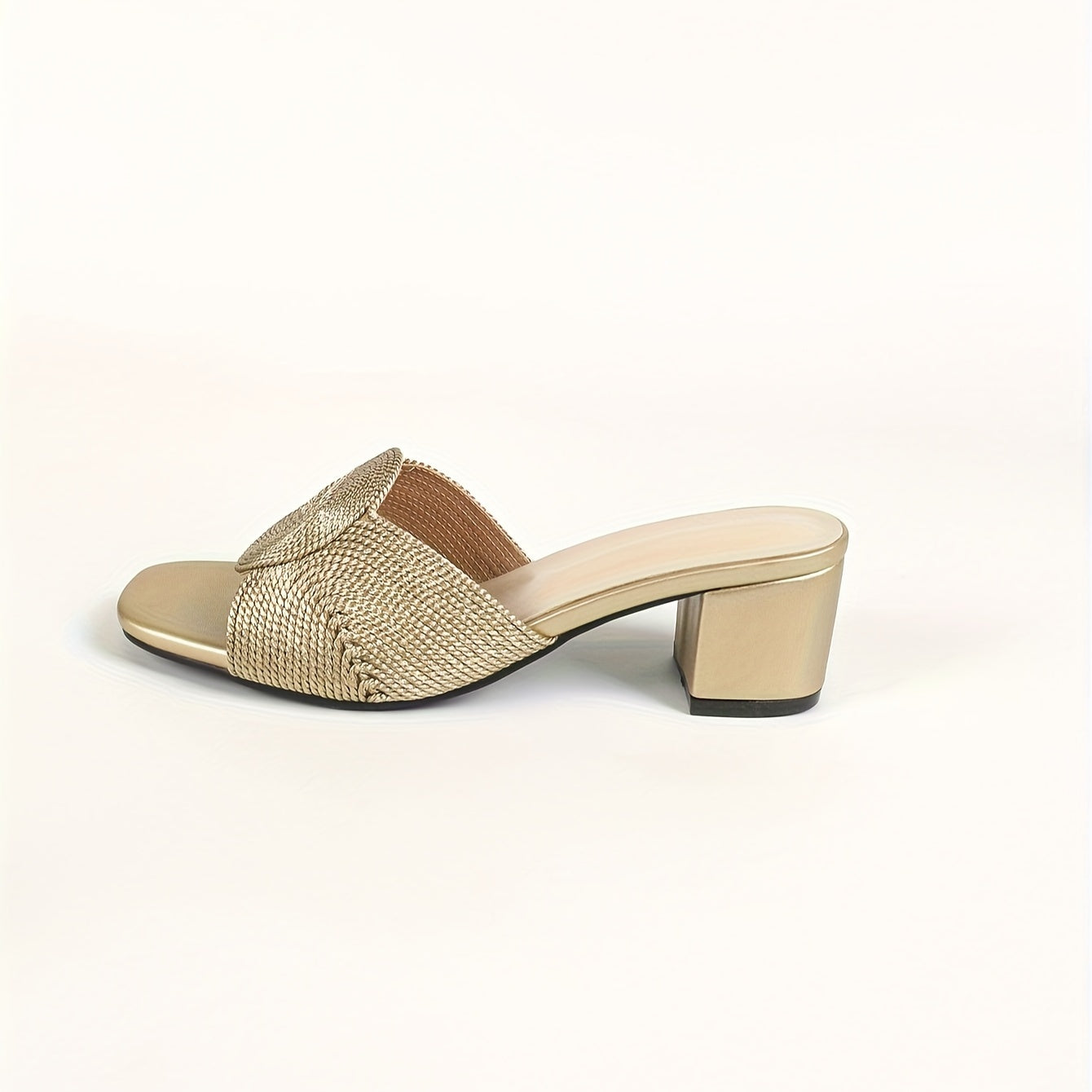 Stylish golden mid-heel sandals with linen woven fabric, open toe, and slip-on design.