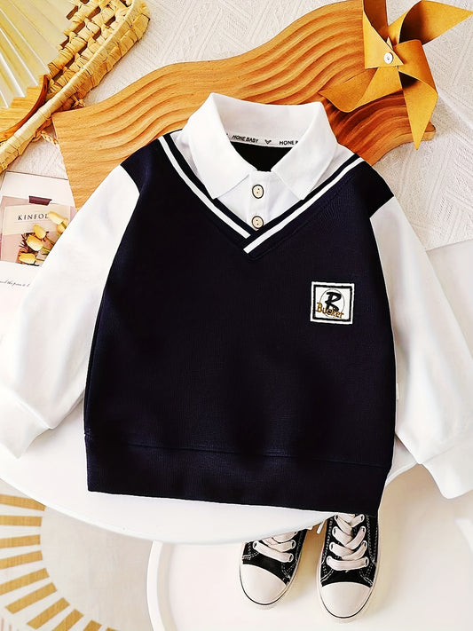 Boys' Color-Block Sweatshirt with British Preppy Style, Faux Two-Piece Design, Stretch Fabric - Hooded and Machine Washable for All Seasons, Including Autumn.