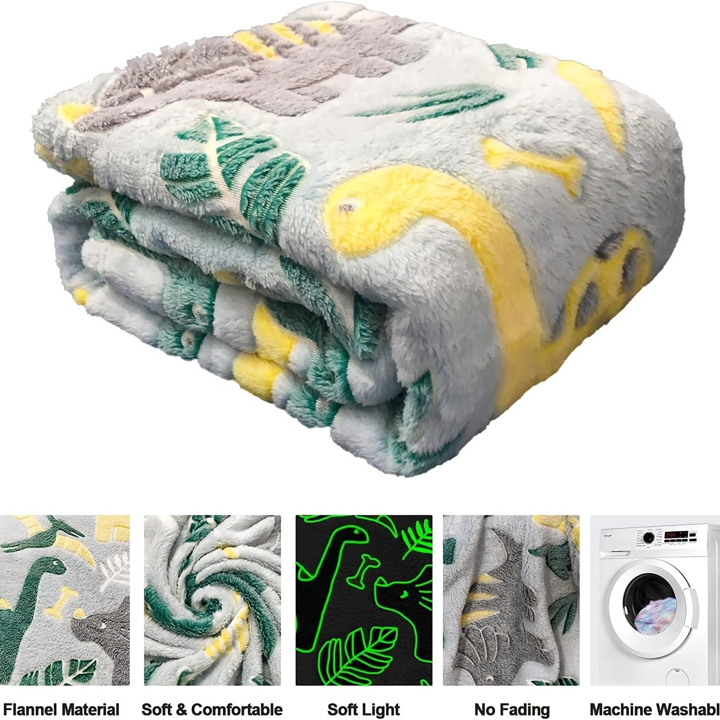 Soft fleece throw blanket for boys with glow-in-the-dark dinosaur design, makes the perfect birthday gift and is easy to clean in the washing machine.